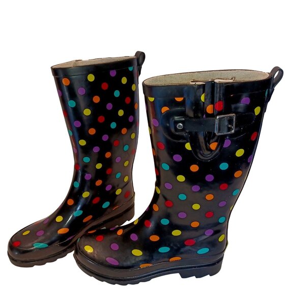 Western Chief Black Polka Dot Waterproof Tall Lug Rubber Rain Boot Womens Size 6 - Picture 2 of 9